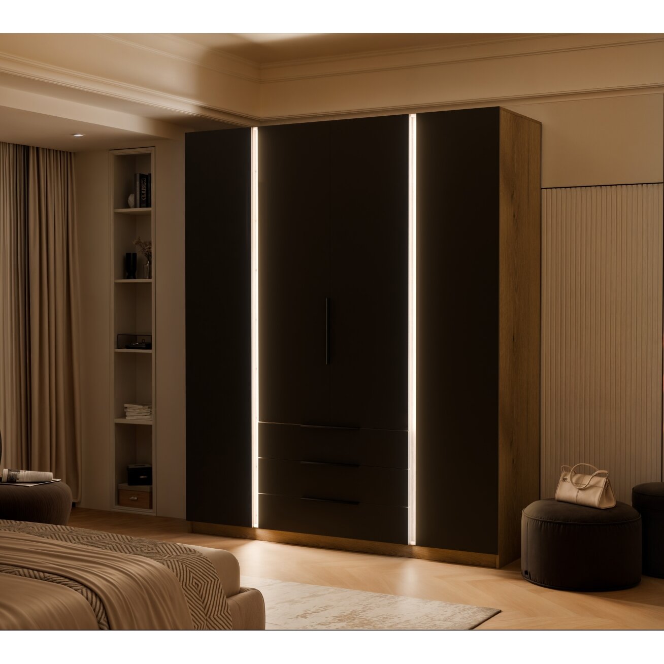 Keturdurė varstoma spinta VERONA su stalčiais LED apšvietimas: taip, Spalvos: evoke ąžuolas / juoda Keturdurė varstoma spinta VERONA su stalčiais LED apšvietimas: taip, Spalvos: evoke ąžuolas / juoda