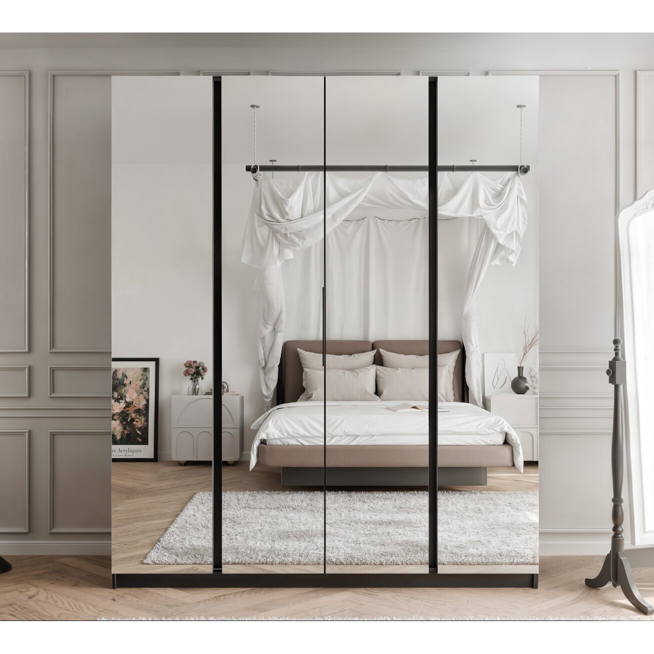 Keturdurė spinta VERONA 200 cm su dideliu veidrodžiu Spalvos: Juoda, LED apšvietimas: ne 1 Keturdurė spinta VERONA 200 cm su dideliu veidrodžiu Spalvos: Juoda, LED apšvietimas: ne 1