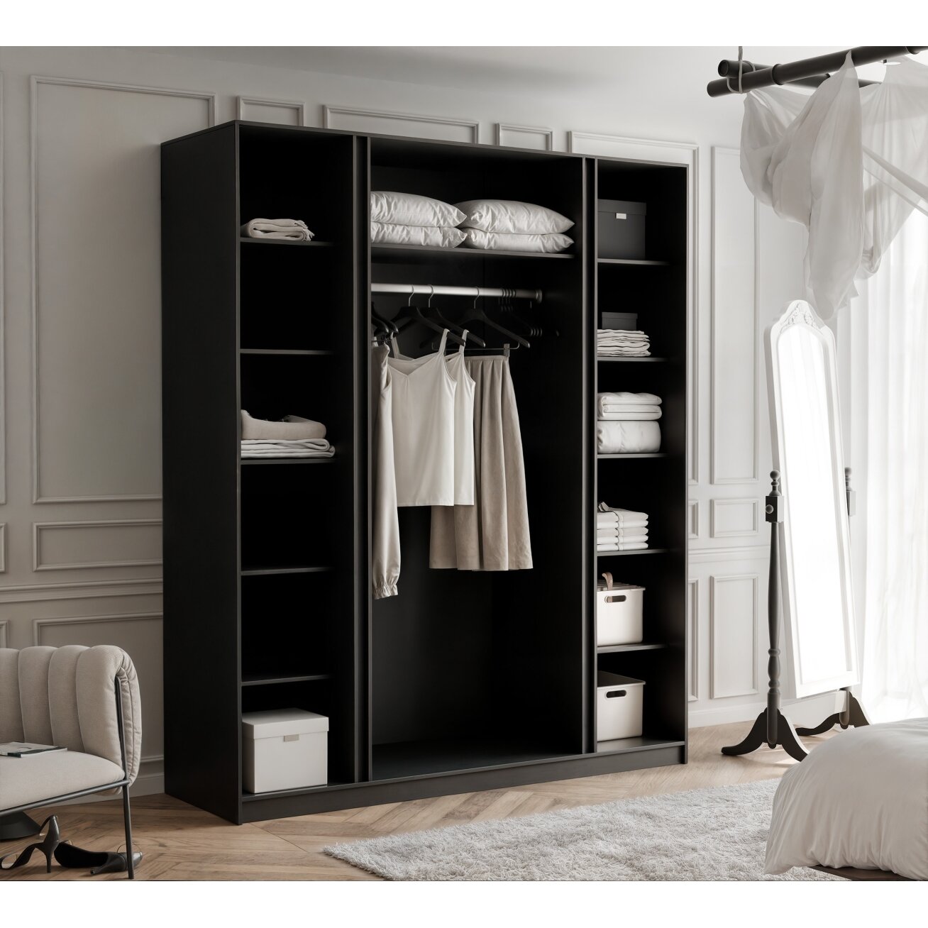 Keturdurė spinta VERONA 200 cm su dideliu veidrodžiu Spalvos: Juoda, LED apšvietimas: ne 3 Keturdurė spinta VERONA 200 cm su dideliu veidrodžiu Spalvos: Juoda, LED apšvietimas: ne 3