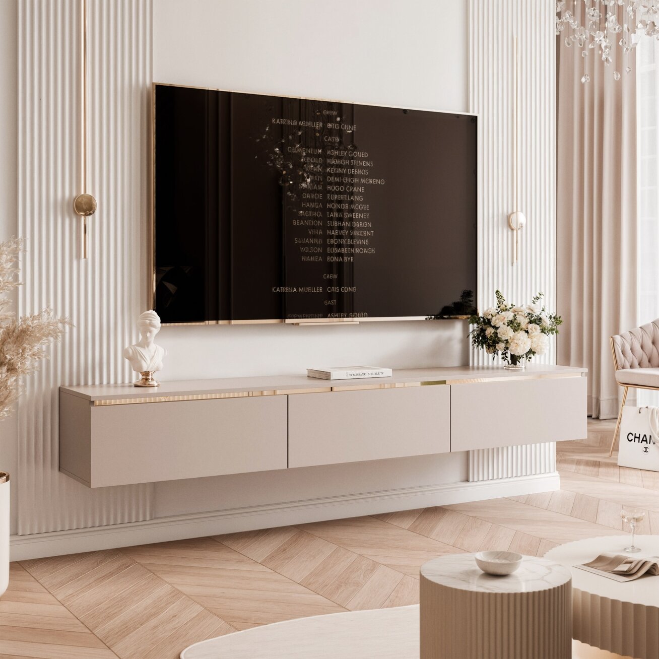 RTV spintelė SELIA 200 cm pakabinama kašmyro spalvos su auksiniu intarpu Spalvos: Kašmyras, LED apšvietimas: ne, Atidarymo sistema: push to open RTV spintelė SELIA 200 cm pakabinama kašmyro spalvos su auksiniu intarpu Spalvos: Kašmyras, LED apšvietimas: ne, Atidarymo sistema: push to open