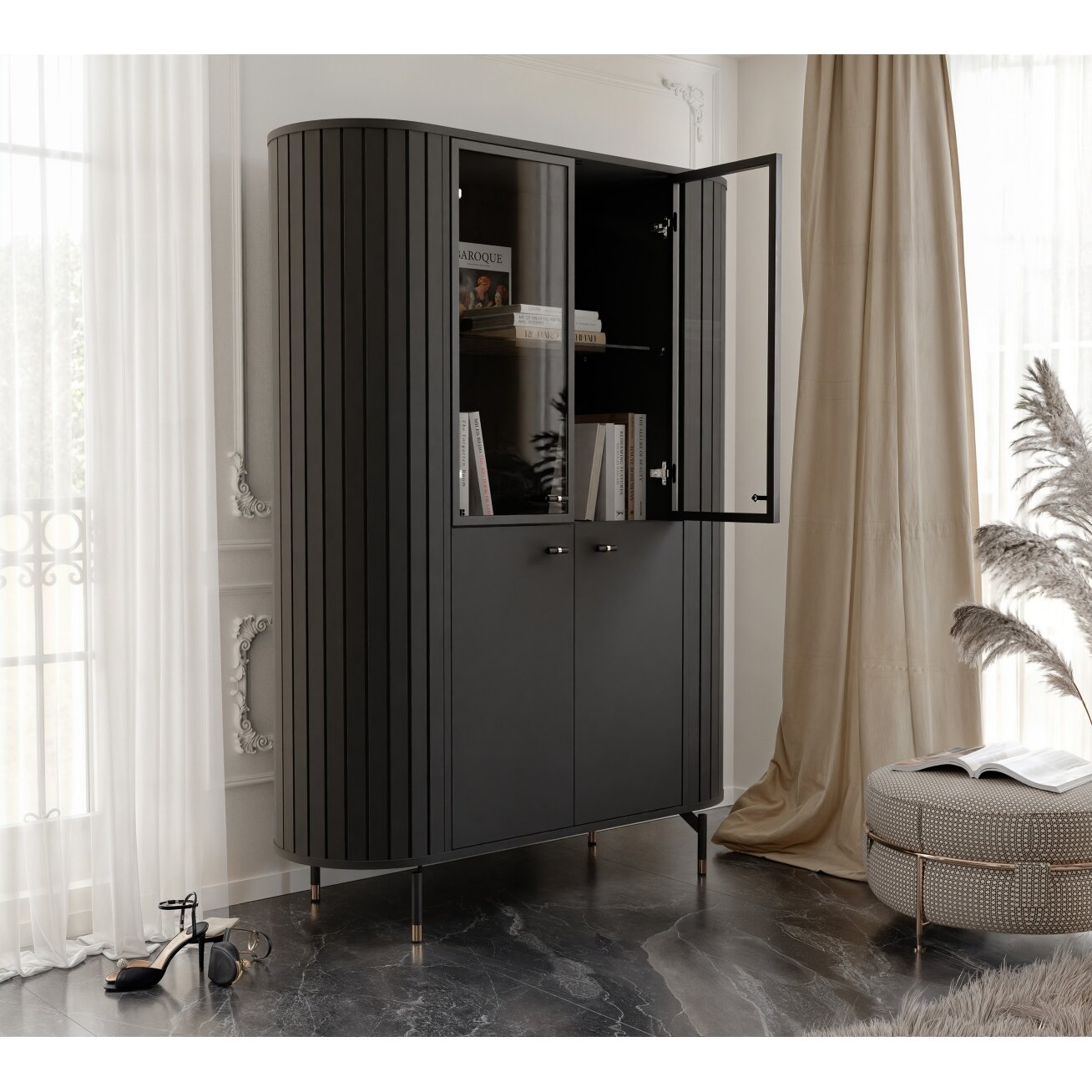 Aukšta stiklinė vitrina svetainei SENTO Spalvos: Juoda, LED apšvietimas: taip 1 Aukšta stiklinė vitrina svetainei SENTO Spalvos: Juoda, LED apšvietimas: taip 1