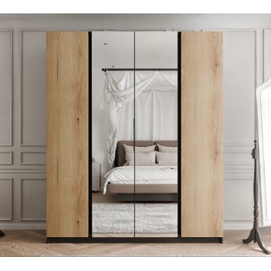 Keturdurė varstoma spinta VERONA 200 cm su dideliu veidrodžiu LED apšvietimas: ne, Spalvos: Juoda / ąžuolas evoke