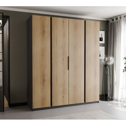 Keturdurė varstoma spinta VERONA 200 cm LED apšvietimas: taip, Spalvos: Juoda / ąžuolas evoke 2