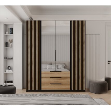 Keturdurė varstoma spinta VERONA su veidrodžiu ir lamelėmis LED apšvietimas: taip, Spalvos: Juoda / evoke ąžuolas 2