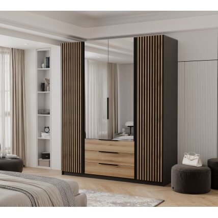 Keturdurė varstoma spinta VERONA su veidrodžiu ir lamelėmis LED apšvietimas: taip, Spalvos: Juoda / evoke ąžuolas 3 Keturdurė varstoma spinta VERONA su veidrodžiu ir lamelėmis LED apšvietimas: taip, Spalvos: Juoda / evoke ąžuolas 3
