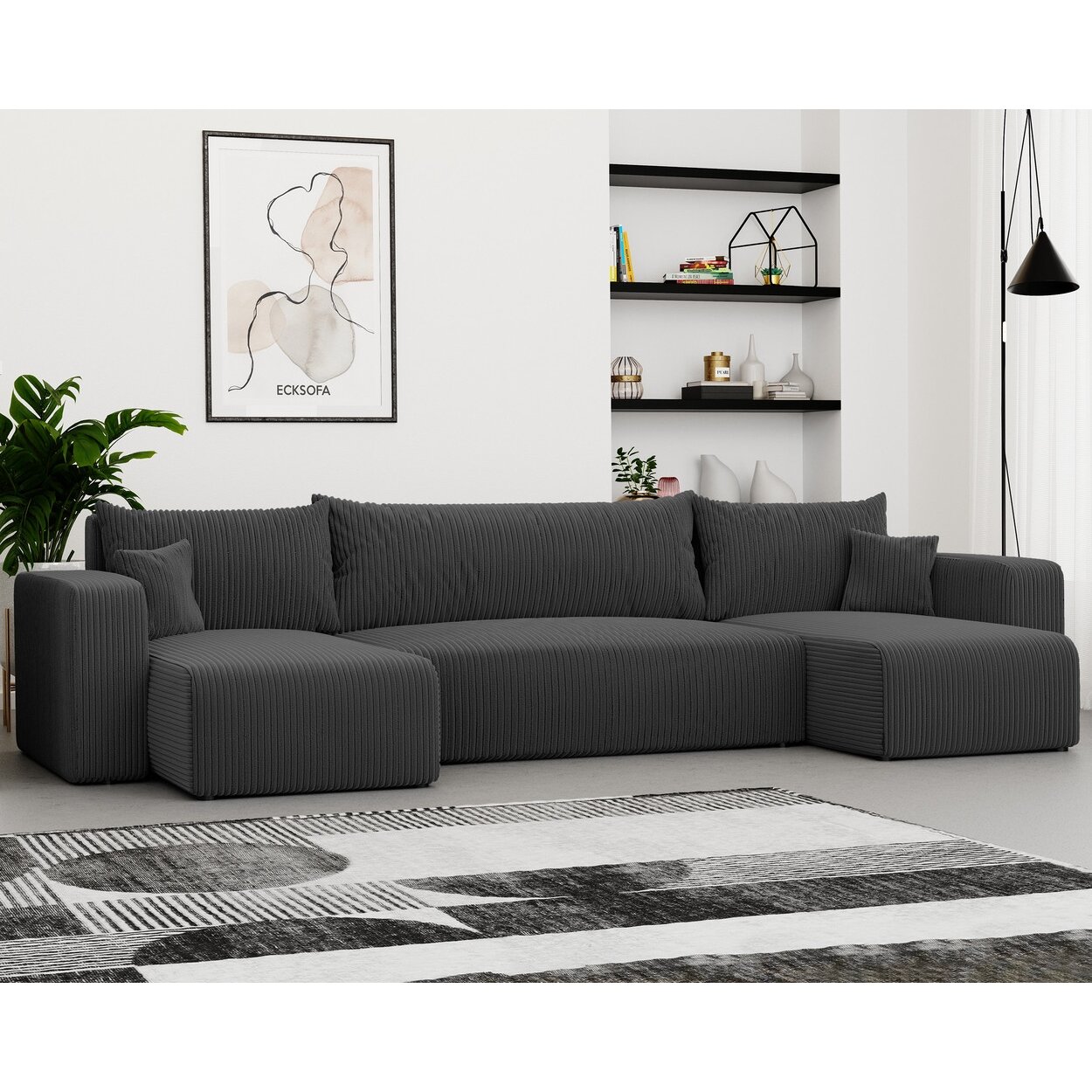 Minkštas kampinis sofa PIANO U su miego funkcija ir patalynės dėže Spalvos: Poso 34 (Tamsiai pilka)