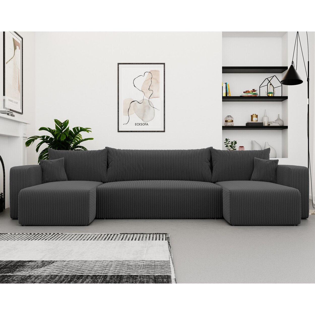 Minkštas kampinis sofa PIANO U su miego funkcija ir patalynės dėže Spalvos: Poso 34 (Tamsiai pilka) 1