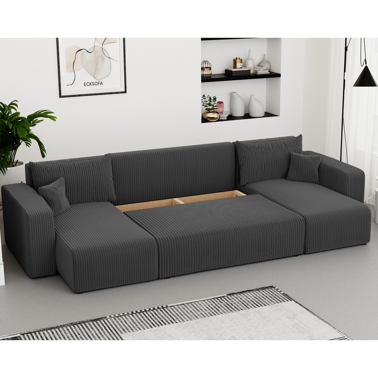 Minkštas kampinis sofa PIANO U su miego funkcija ir patalynės dėže Spalvos: Poso 34 (Tamsiai pilka) 2