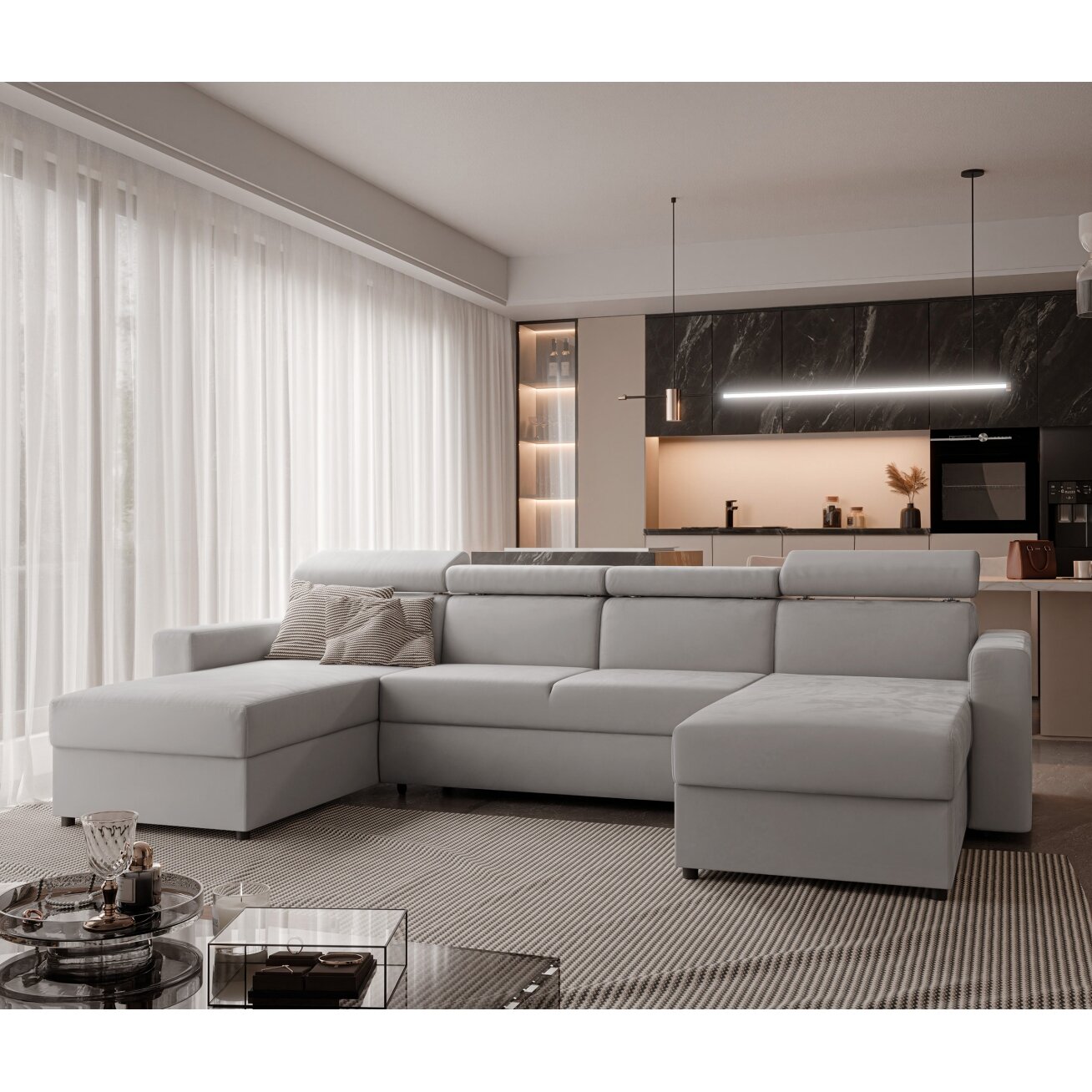 Minkštas kampinis sofa BENI U II su reguliuojamomis galvos atramomis ir miego funkcija Spalvos: Manila 15 (Šviesiai pilka) Minkštas kampinis sofa BENI U II su reguliuojamomis galvos atramomis ir miego funkcija Spalvos: Manila 15 (Šviesiai pilka)