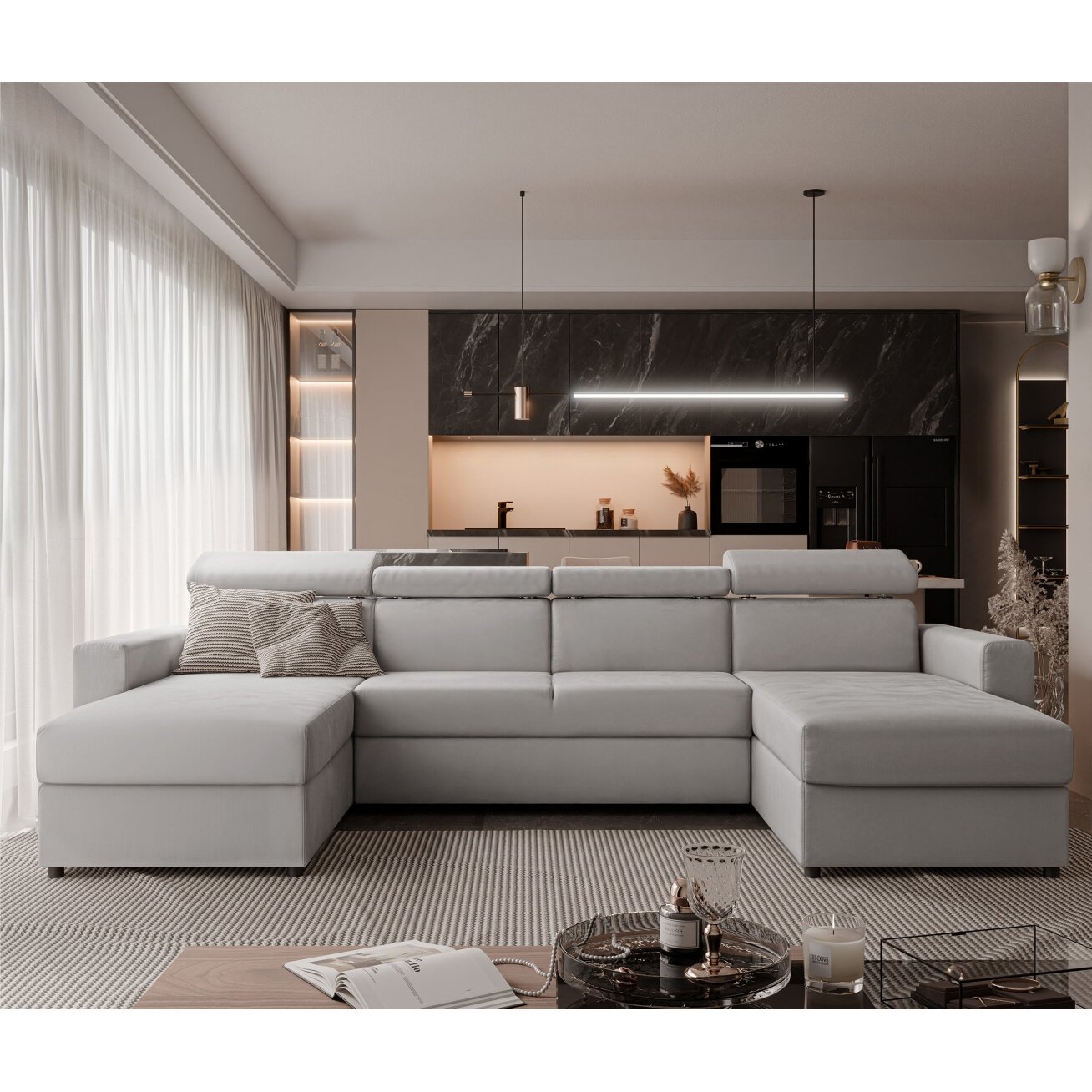 Minkštas kampinis sofa BENI U II su reguliuojamomis galvos atramomis ir miego funkcija Spalvos: Manila 15 (Šviesiai pilka) 2