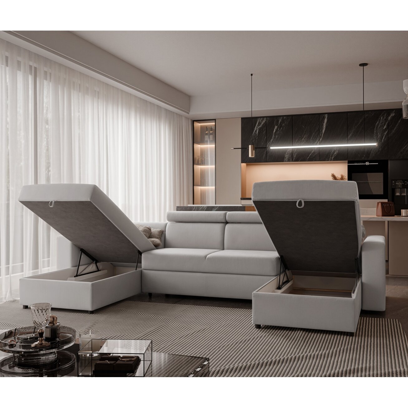 Minkštas kampinis sofa BENI U II su reguliuojamomis galvos atramomis ir miego funkcija Spalvos: Manila 15 (Šviesiai pilka) 4 Minkštas kampinis sofa BENI U II su reguliuojamomis galvos atramomis ir miego funkcija Spalvos: Manila 15 (Šviesiai pilka) 4