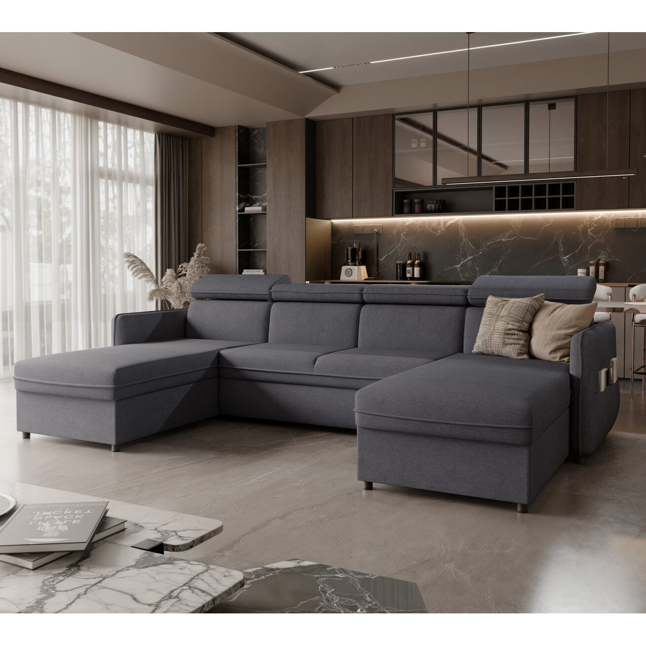 Minkštas kampinis sofas BENI U su reguliuojamomis galvos atramomis ir miego funkcija Spalvos: Soro 97 (Tamsiai pilka) Minkštas kampinis sofas BENI U su reguliuojamomis galvos atramomis ir miego funkcija Spalvos: Soro 97 (Tamsiai pilka)