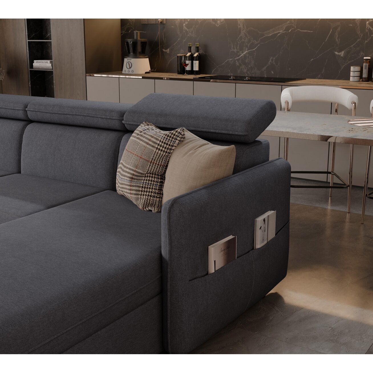 Minkštas kampinis sofas BENI U su reguliuojamomis galvos atramomis ir miego funkcija Spalvos: Soro 97 (Tamsiai pilka) 4 Minkštas kampinis sofas BENI U su reguliuojamomis galvos atramomis ir miego funkcija Spalvos: Soro 97 (Tamsiai pilka) 4