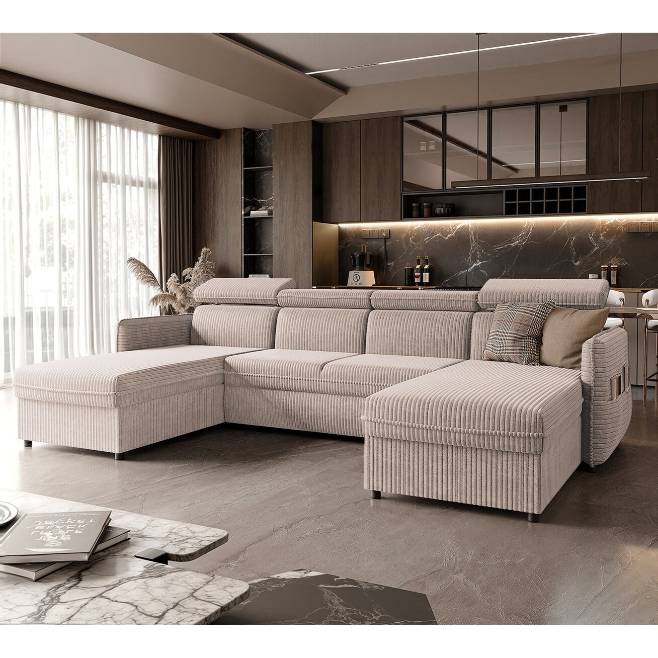 Minkštas kampinis sofa BENI U su reguliuojamomis galvos atramomis ir miego funkcija Spalvos: Poso 100 (Kreminė) Minkštas kampinis sofa BENI U su reguliuojamomis galvos atramomis ir miego funkcija Spalvos: Poso 100 (Kreminė)