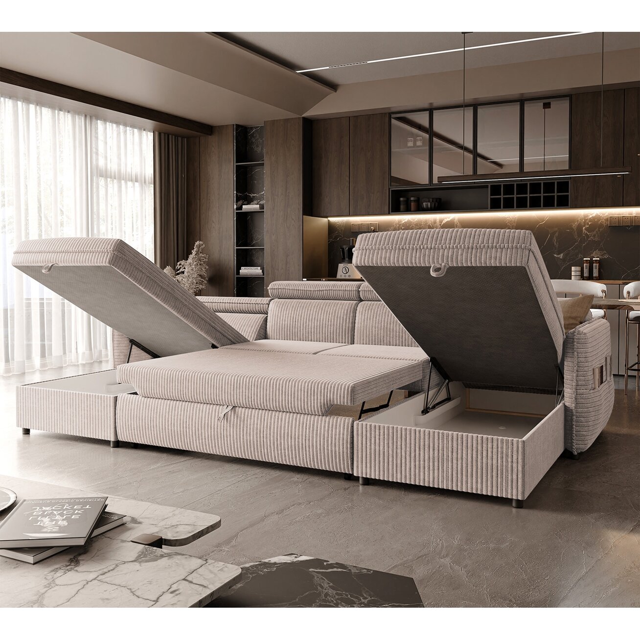 Minkštas kampinis sofa BENI U su reguliuojamomis galvos atramomis ir miego funkcija Spalvos: Poso 100 (Kreminė) 3 Minkštas kampinis sofa BENI U su reguliuojamomis galvos atramomis ir miego funkcija Spalvos: Poso 100 (Kreminė) 3