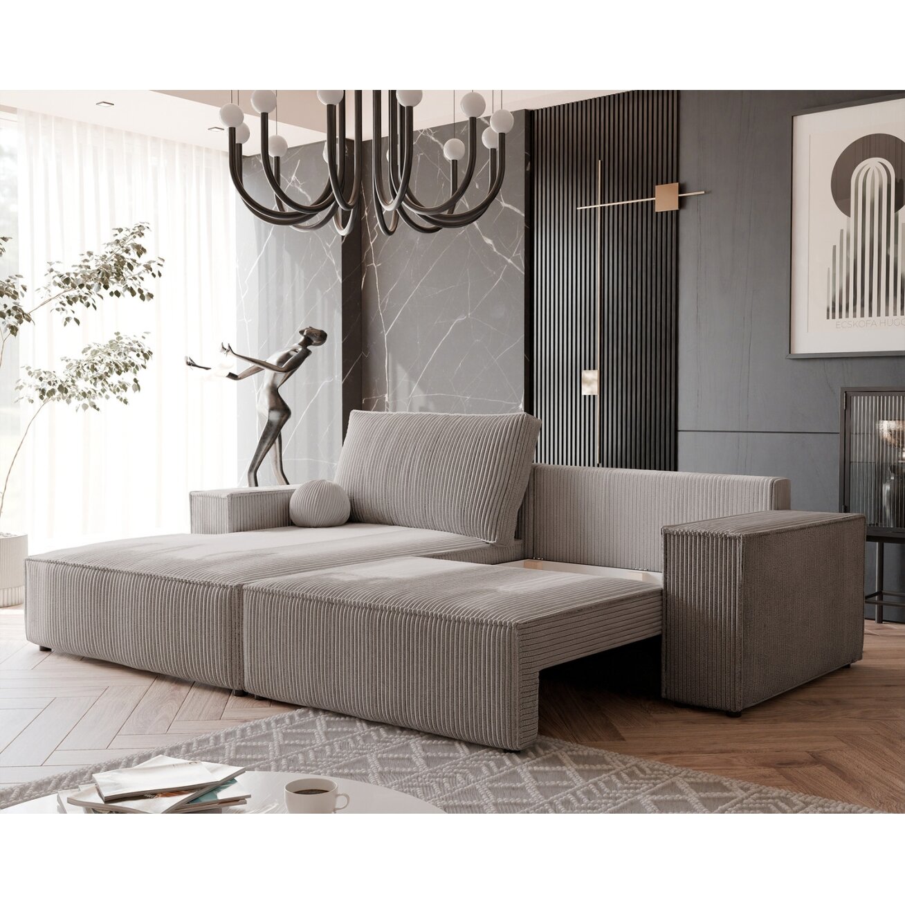 Minkštas kampinis sofa HUGO su miegamąja funkcija ir patalynės dėže Kampo pusė: Kairė, Spalvos: Poso 02 (Kapučino) 1