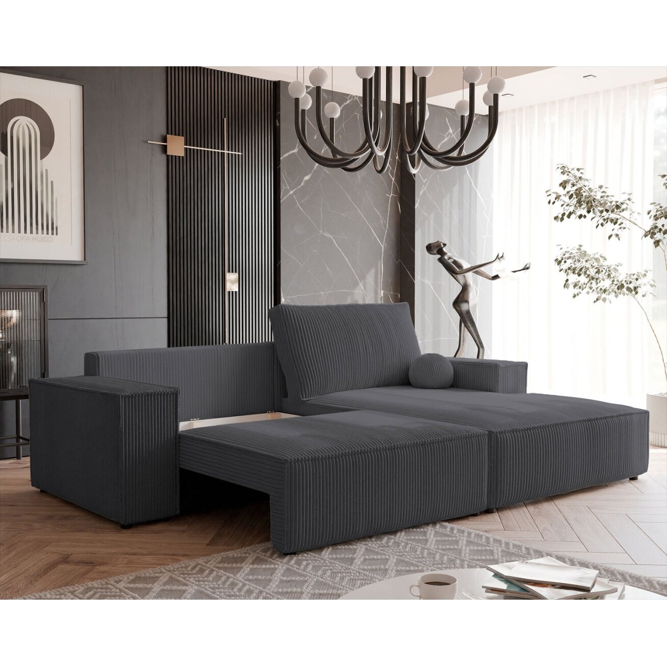 Minkštas kampinis sofa HUGO su miego funkcija ir patalynės dėže Spalva: Poso 34 (Tamsiai pilka), Kampo pusė: Dešinė 1 Minkštas kampinis sofa HUGO su miego funkcija ir patalynės dėže Spalva: Poso 34 (Tamsiai pilka), Kampo pusė: Dešinė 1