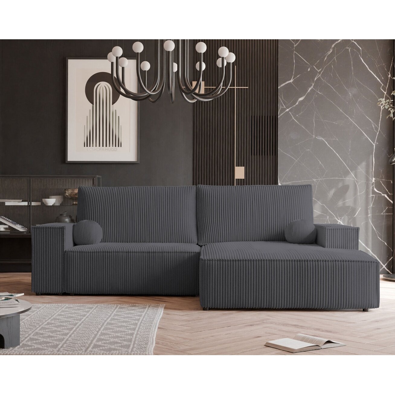 Minkštas kampinis sofa HUGO su miego funkcija ir patalynės dėže Spalva: Poso 34 (Tamsiai pilka), Kampo pusė: Dešinė 3 Minkštas kampinis sofa HUGO su miego funkcija ir patalynės dėže Spalva: Poso 34 (Tamsiai pilka), Kampo pusė: Dešinė 3