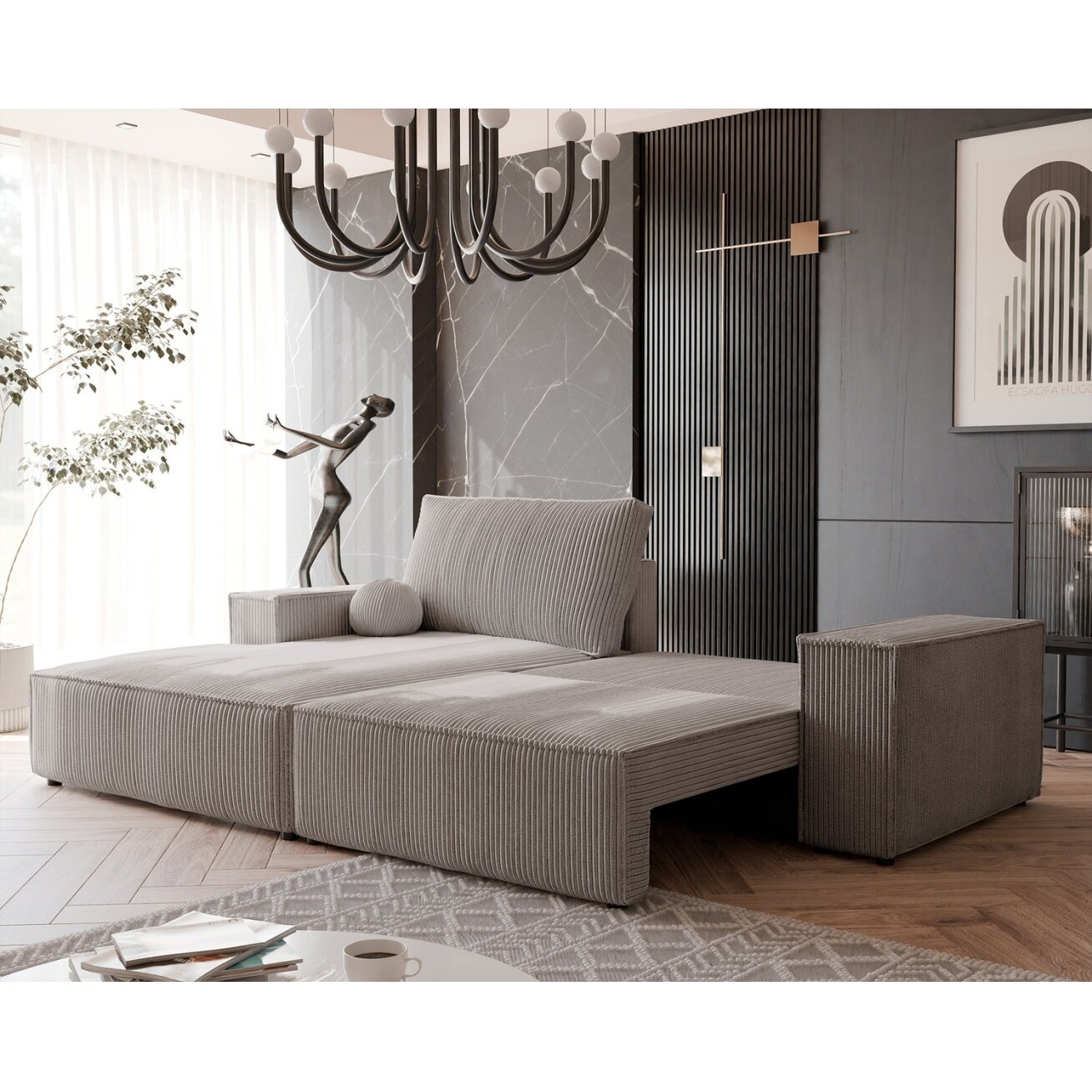 Minkštas kampinis sofa HUGO su miegamąja funkcija ir patalynės dėže Kampo pusė: Kairė, Spalvos: Poso 02 (Kapučino) 2