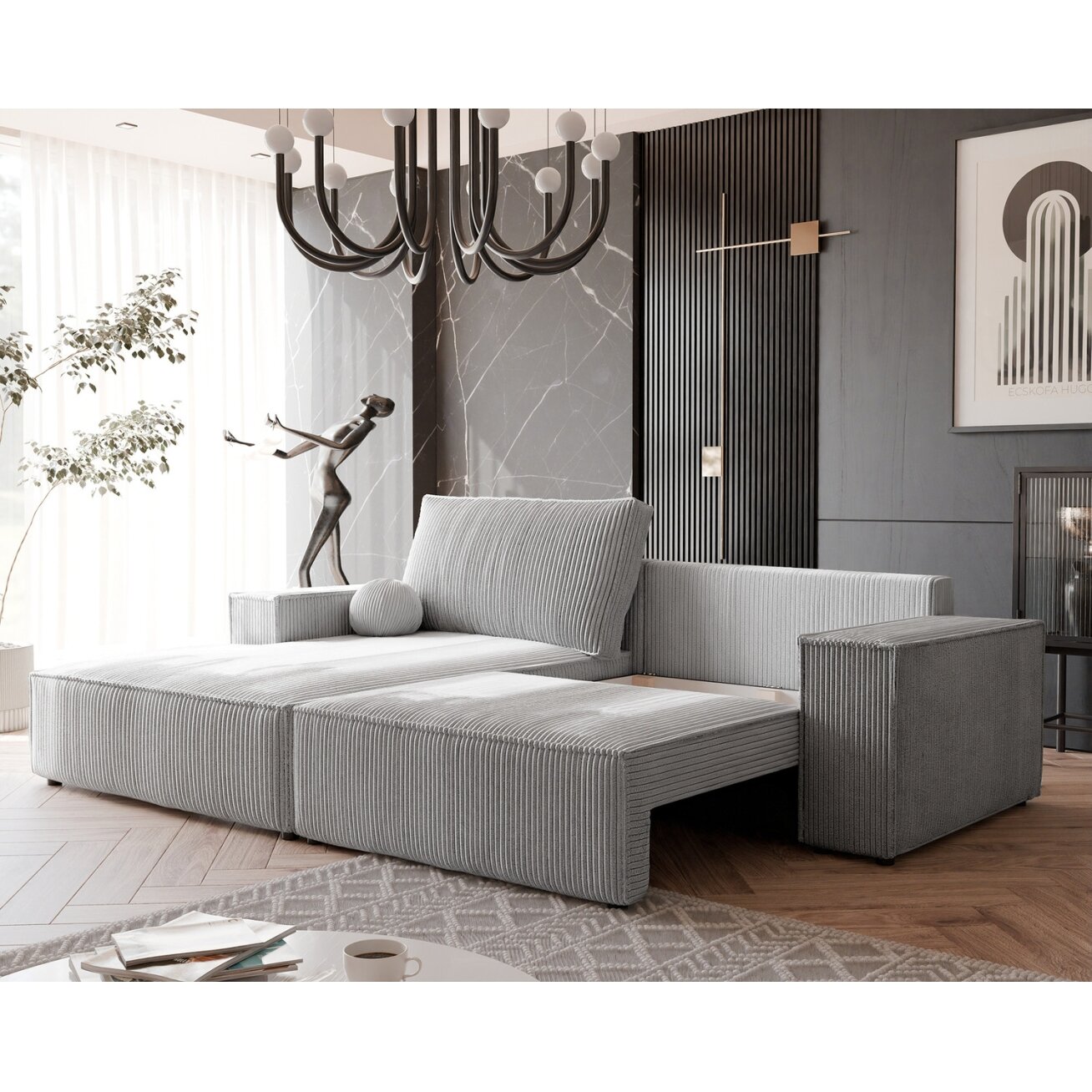 Minkštas kampinis sofa HUGO su miego funkcija ir patalynės dėže Spalva: Poso 110 (šviesiai pilka), Kampo pusė: Kairė 1 Minkštas kampinis sofa HUGO su miego funkcija ir patalynės dėže Spalva: Poso 110 (šviesiai pilka), Kampo pusė: Kairė 1