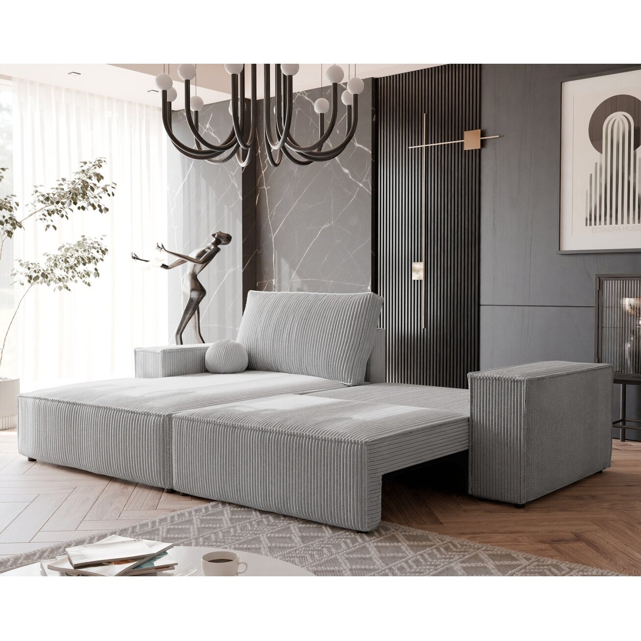 Minkštas kampinis sofa HUGO su miego funkcija ir patalynės dėže Spalva: Poso 110 (šviesiai pilka), Kampo pusė: Kairė 2