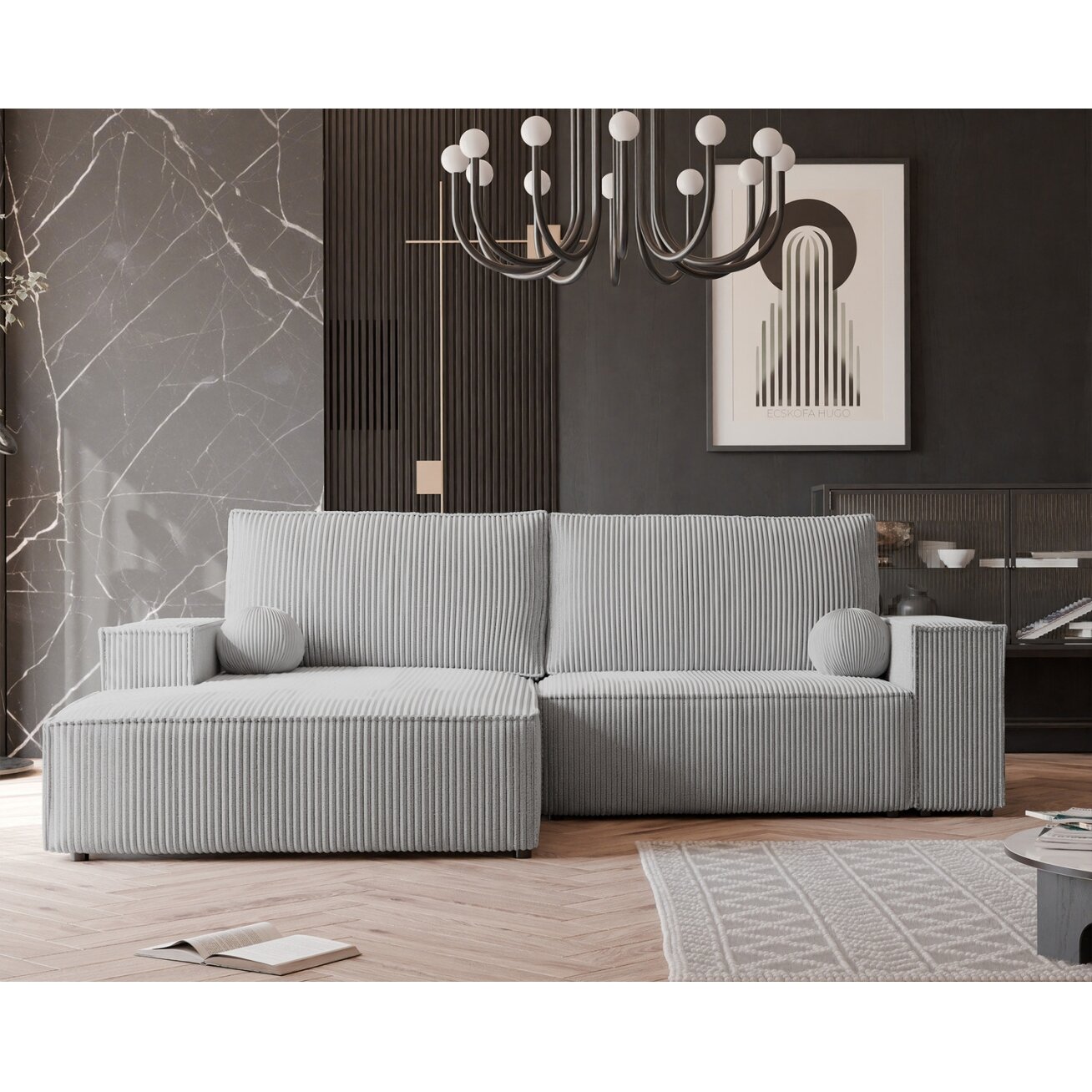 Minkštas kampinis sofa HUGO su miego funkcija ir patalynės dėže Spalva: Poso 110 (šviesiai pilka), Kampo pusė: Kairė 3