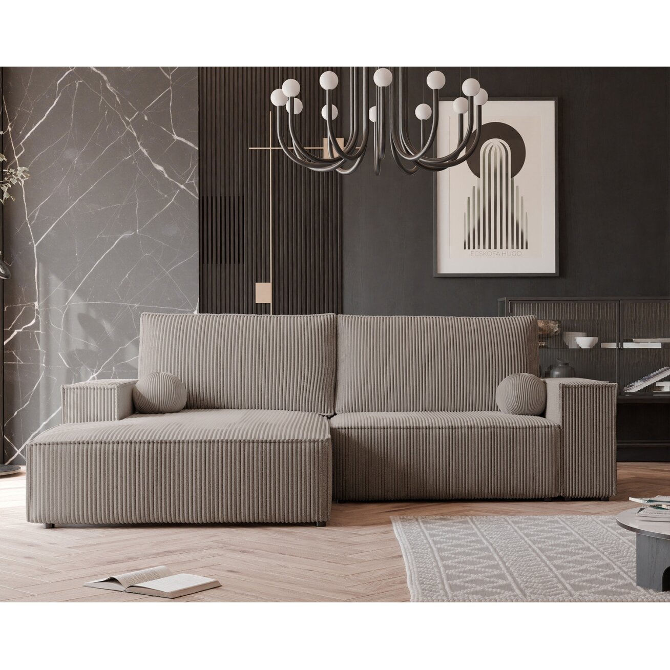 Minkštas kampinis sofa HUGO su miegamąja funkcija ir patalynės dėže Kampo pusė: Kairė, Spalvos: Poso 02 (Kapučino) 3