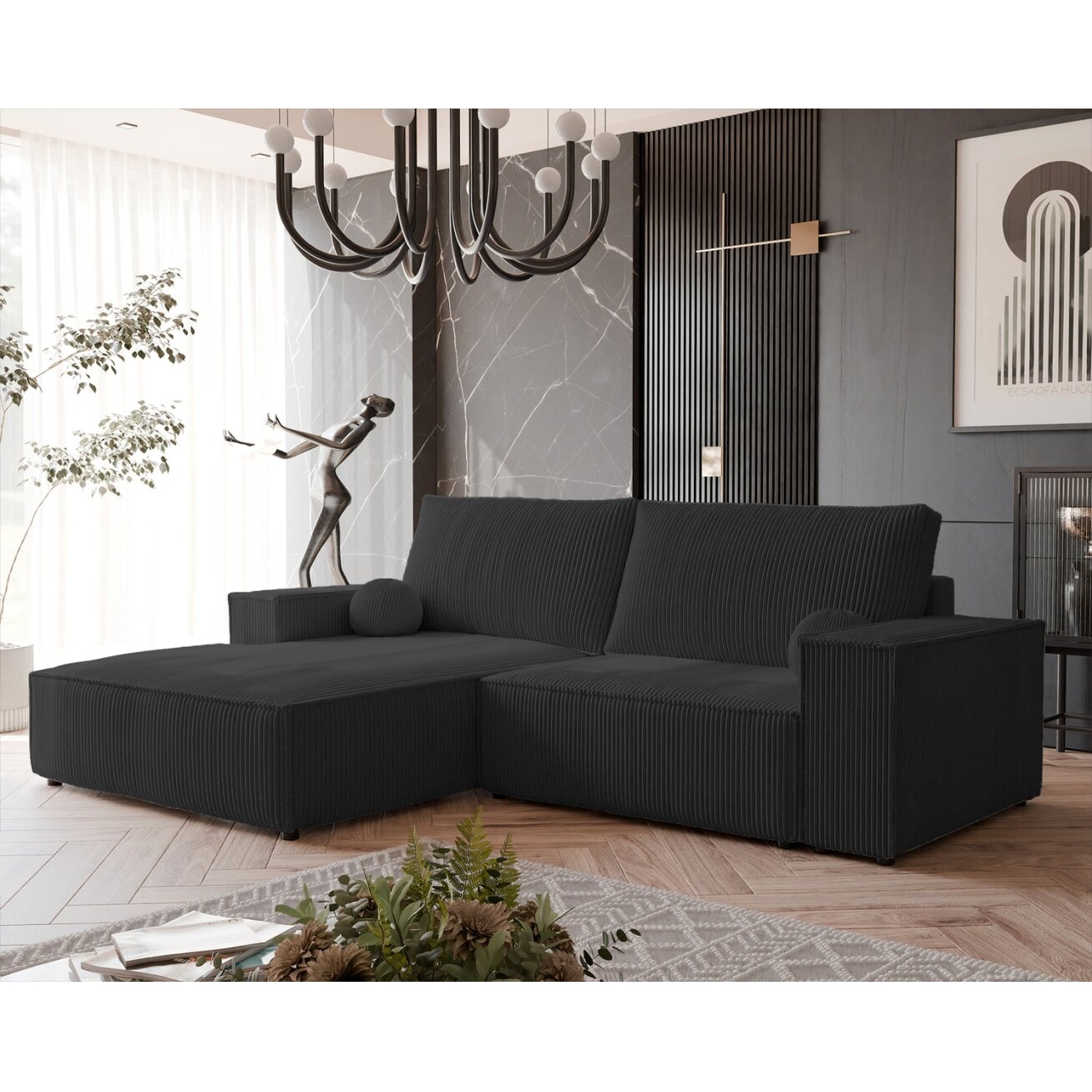 Minkštas kampinis sofa HUGO su miego funkcija ir patalynės dėže Spalva: Poso 135 (Antracitas), Kampo pusė: Kairė