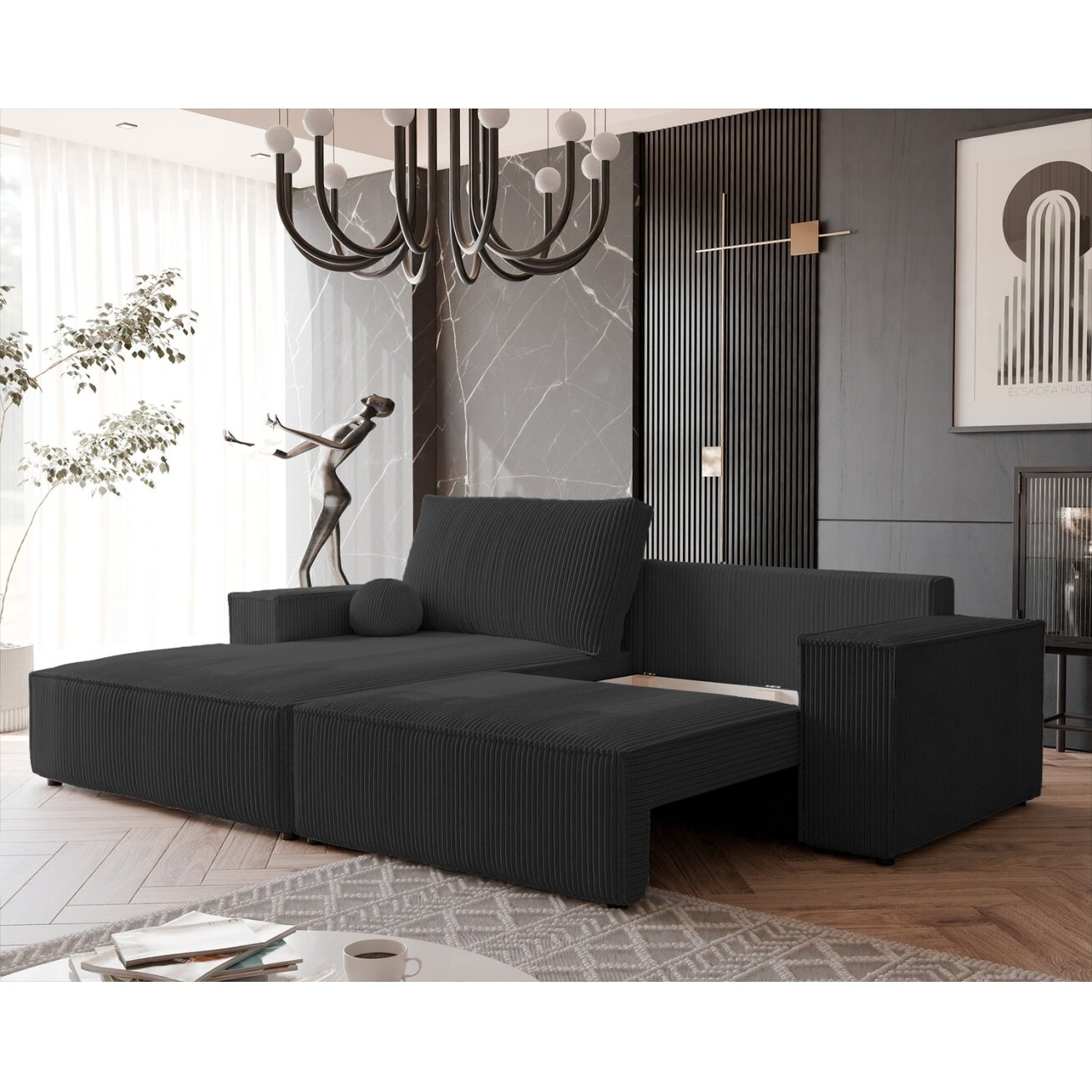 Minkštas kampinis sofa HUGO su miego funkcija ir patalynės dėže Spalva: Poso 135 (Antracitas), Kampo pusė: Kairė 1 Minkštas kampinis sofa HUGO su miego funkcija ir patalynės dėže Spalva: Poso 135 (Antracitas), Kampo pusė: Kairė 1