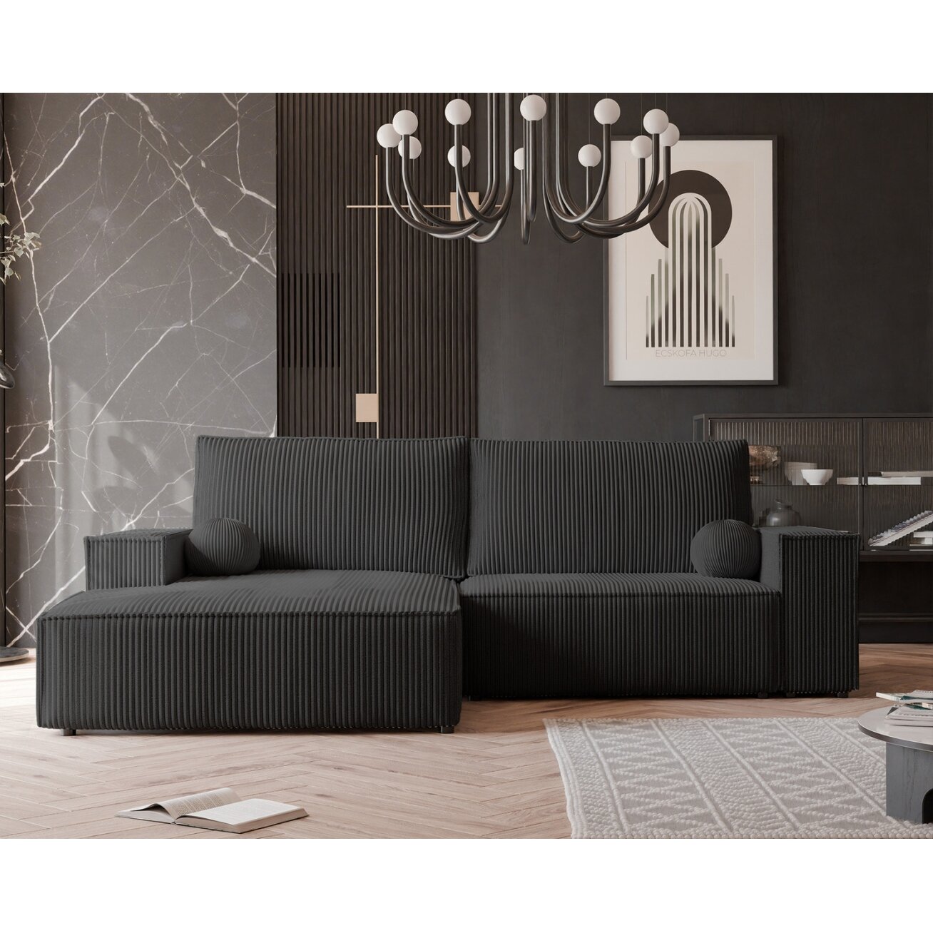 Minkštas kampinis sofa HUGO su miego funkcija ir patalynės dėže Spalva: Poso 135 (Antracitas), Kampo pusė: Kairė 3