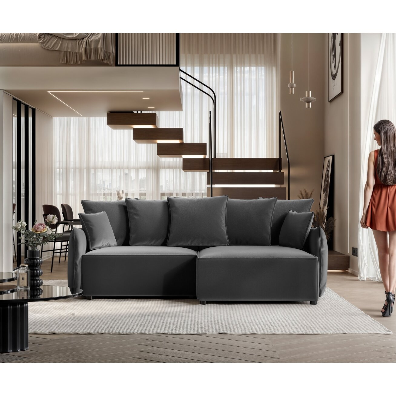 Minkštas kampinis sofa LEON su miego funkcija ir patalynės dėže Kampo pusė: Dešinė, Spalvos: Tiffany 18 1