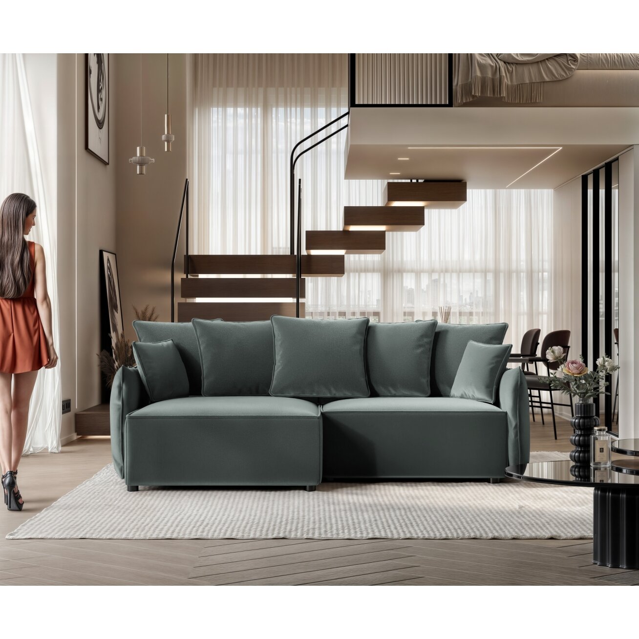 Minkštas kampinis sofa LEON su miego funkcija ir patalynės dėže Kampo pusė: Kairė, Spalvos: Tiffany 12 4 Minkštas kampinis sofa LEON su miego funkcija ir patalynės dėže Kampo pusė: Kairė, Spalvos: Tiffany 12 4