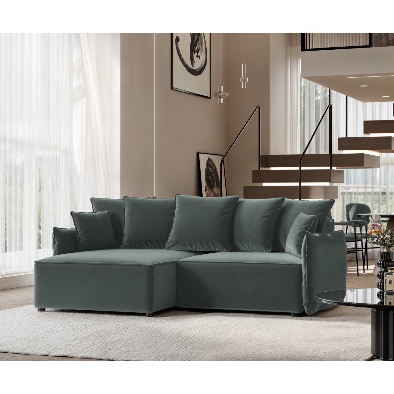 Minkštas kampinis sofa LEON su miego funkcija ir patalynės dėže Kampo pusė: Kairė, Spalvos: Tiffany 12