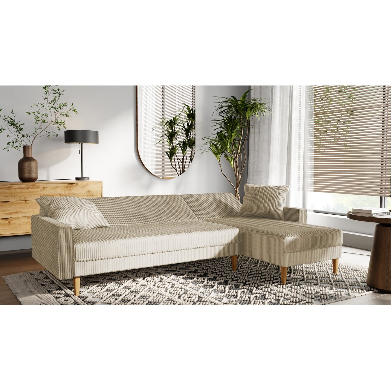 Minkštas kampinis sofa LILA ant aukštų kojelių su miego funkcija Spalvos: Poso 100 (Kreminė) 1 Minkštas kampinis sofa LILA ant aukštų kojelių su miego funkcija Spalvos: Poso 100 (Kreminė) 1