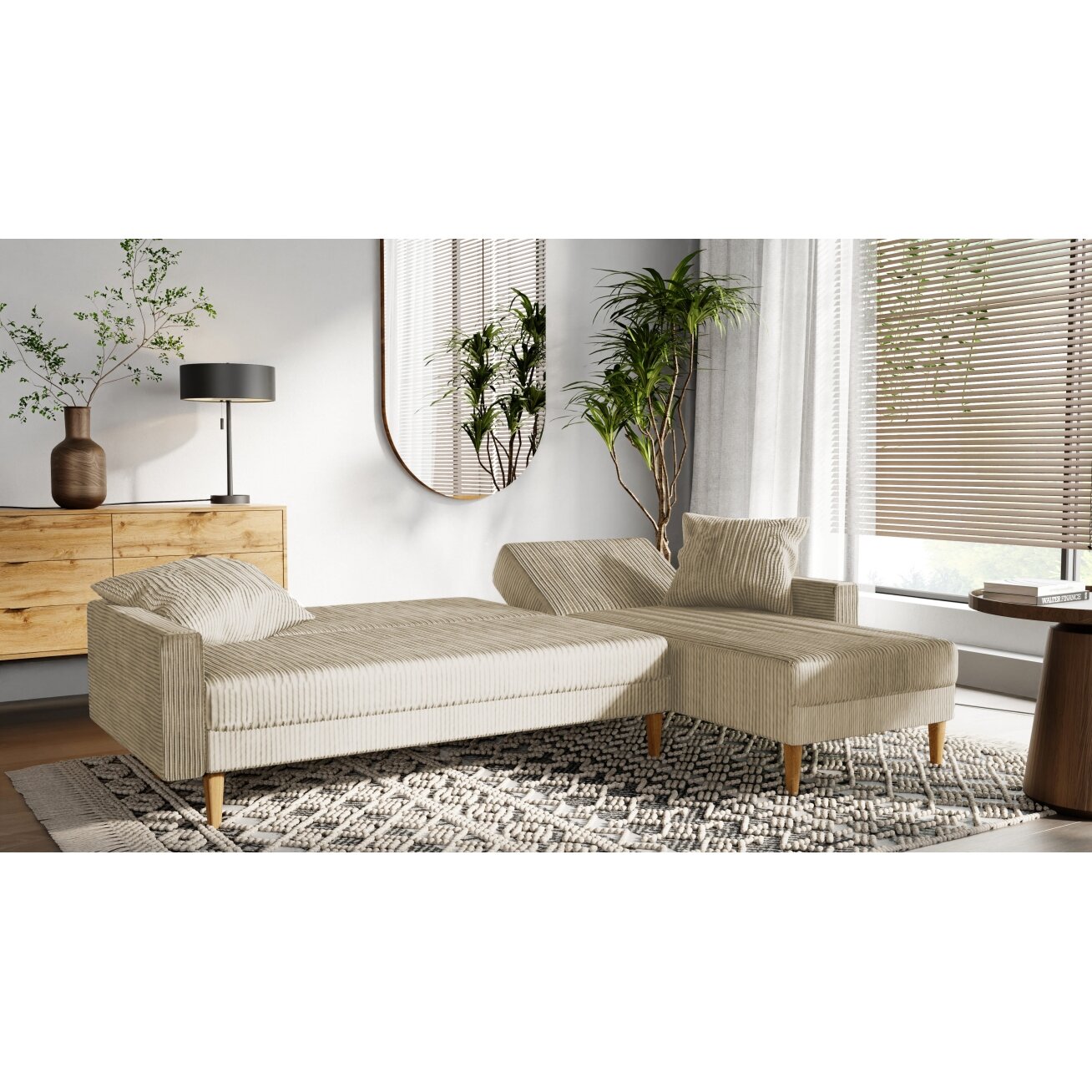 Minkštas kampinis sofa LILA ant aukštų kojelių su miego funkcija Spalvos: Poso 100 (Kreminė) 2