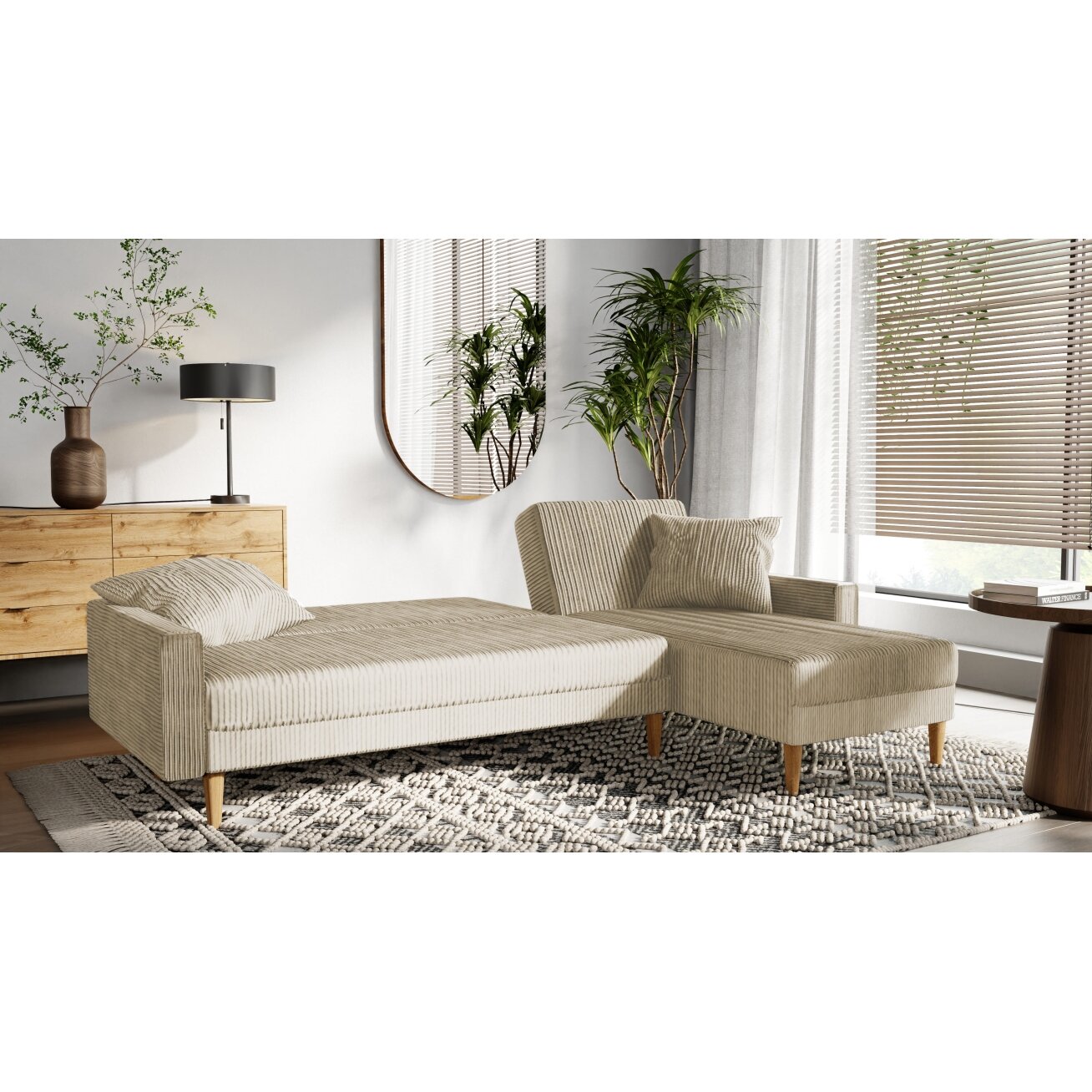 Minkštas kampinis sofa LILA ant aukštų kojelių su miego funkcija Spalvos: Poso 100 (Kreminė) 4 Minkštas kampinis sofa LILA ant aukštų kojelių su miego funkcija Spalvos: Poso 100 (Kreminė) 4