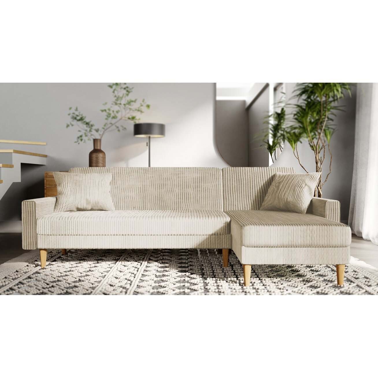 Minkštas kampinis sofa LILA ant aukštų kojelių su miego funkcija Spalvos: Poso 100 (Kreminė)