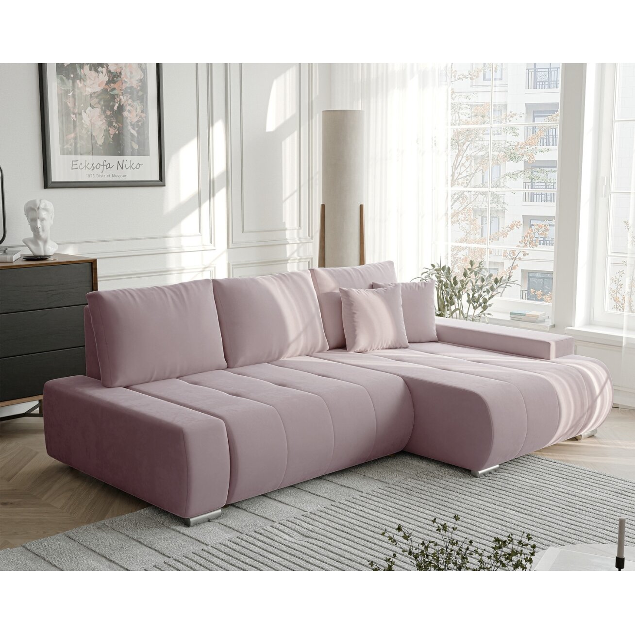 Minkštas kampinis sofa NIKO su miego funkcija ir daiktadėže Kampo pusė: dešinė, Spalvos: Monolith 62 (pudrinė rožinė)