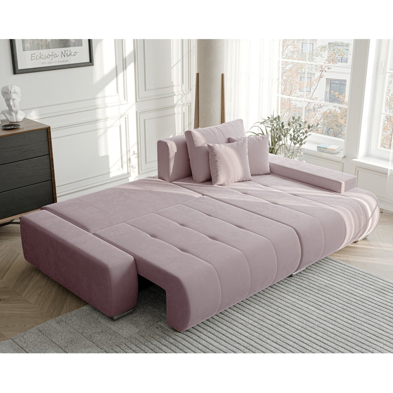 Minkštas kampinis sofa NIKO su miego funkcija ir daiktadėže Kampo pusė: dešinė, Spalvos: Monolith 62 (pudrinė rožinė) 2