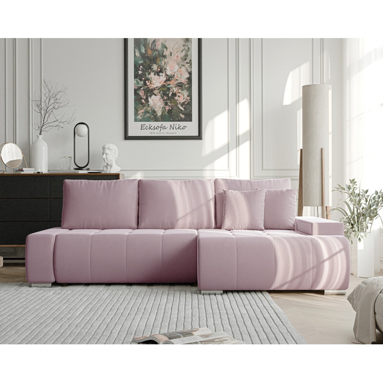 Minkštas kampinis sofa NIKO su miego funkcija ir daiktadėže Kampo pusė: dešinė, Spalvos: Monolith 62 (pudrinė rožinė) 3 Minkštas kampinis sofa NIKO su miego funkcija ir daiktadėže Kampo pusė: dešinė, Spalvos: Monolith 62 (pudrinė rožinė) 3