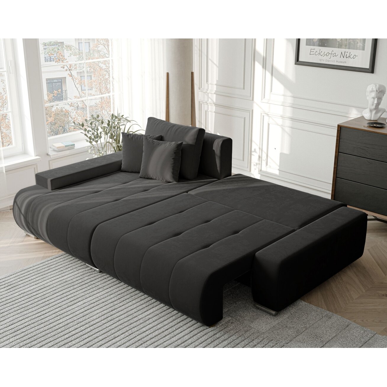 Minkštas kampinis sofa NIKO su miego funkcija ir daiktadėže Kampo pusė: Kairė, Spalvos: Monolith 95 (Tamsiai pilka) 2