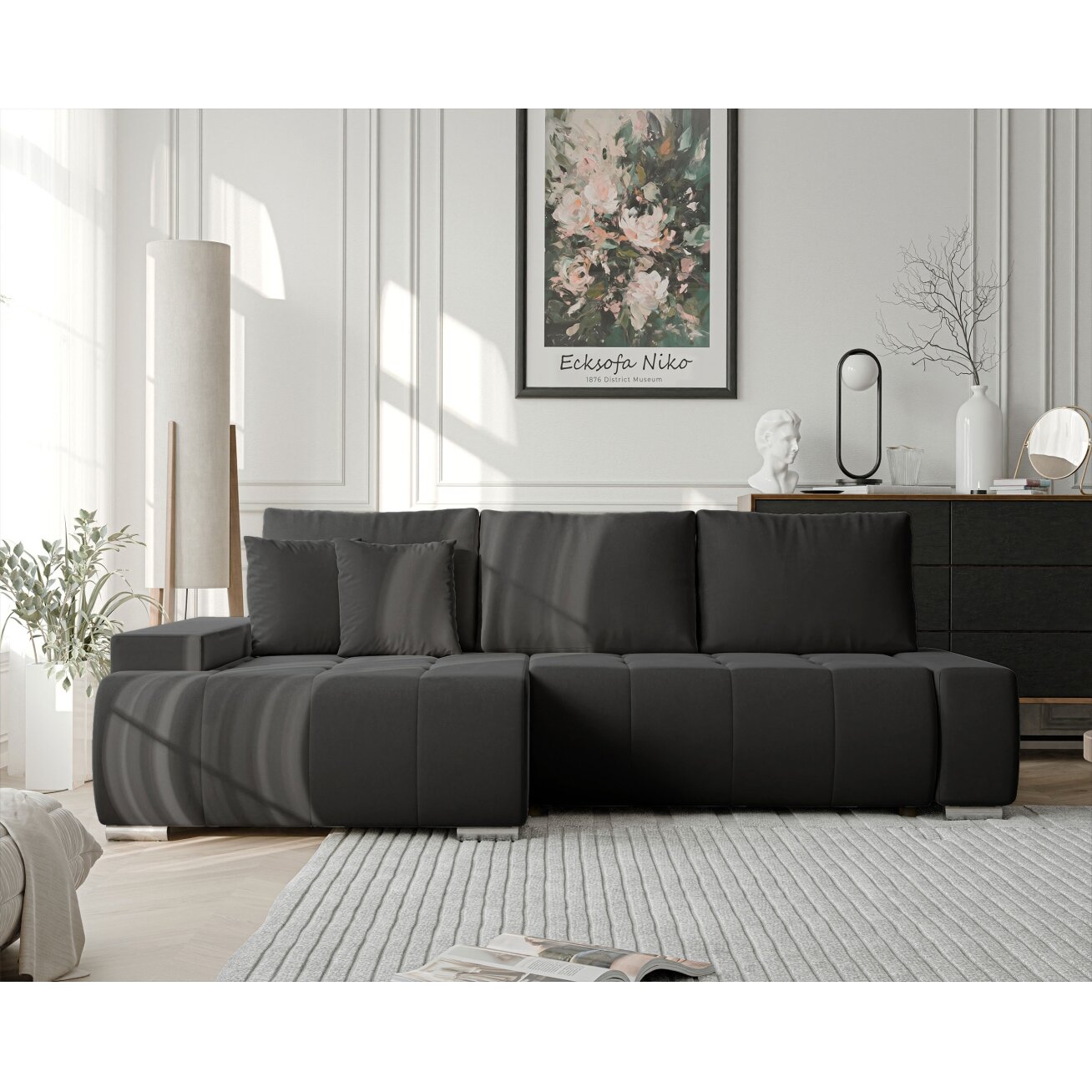 Minkštas kampinis sofa NIKO su miego funkcija ir daiktadėže Kampo pusė: Kairė, Spalvos: Monolith 95 (Tamsiai pilka) 3 Minkštas kampinis sofa NIKO su miego funkcija ir daiktadėže Kampo pusė: Kairė, Spalvos: Monolith 95 (Tamsiai pilka) 3