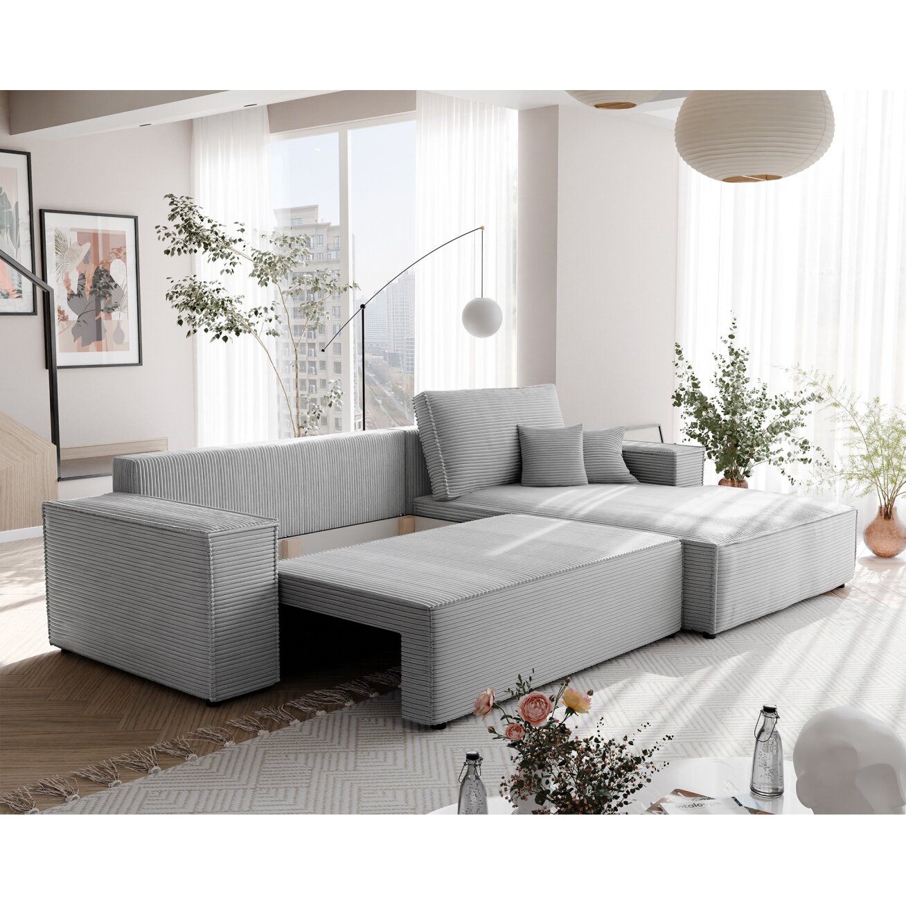 Minkštas kampinis fotelis NOVA su miegama funkcija ir daiktadėže Spalvos: Poso 110 (šviesiai pilka), kampo pusė: dešinė 1 Minkštas kampinis fotelis NOVA su miegama funkcija ir daiktadėže Spalvos: Poso 110 (šviesiai pilka), kampo pusė: dešinė 1