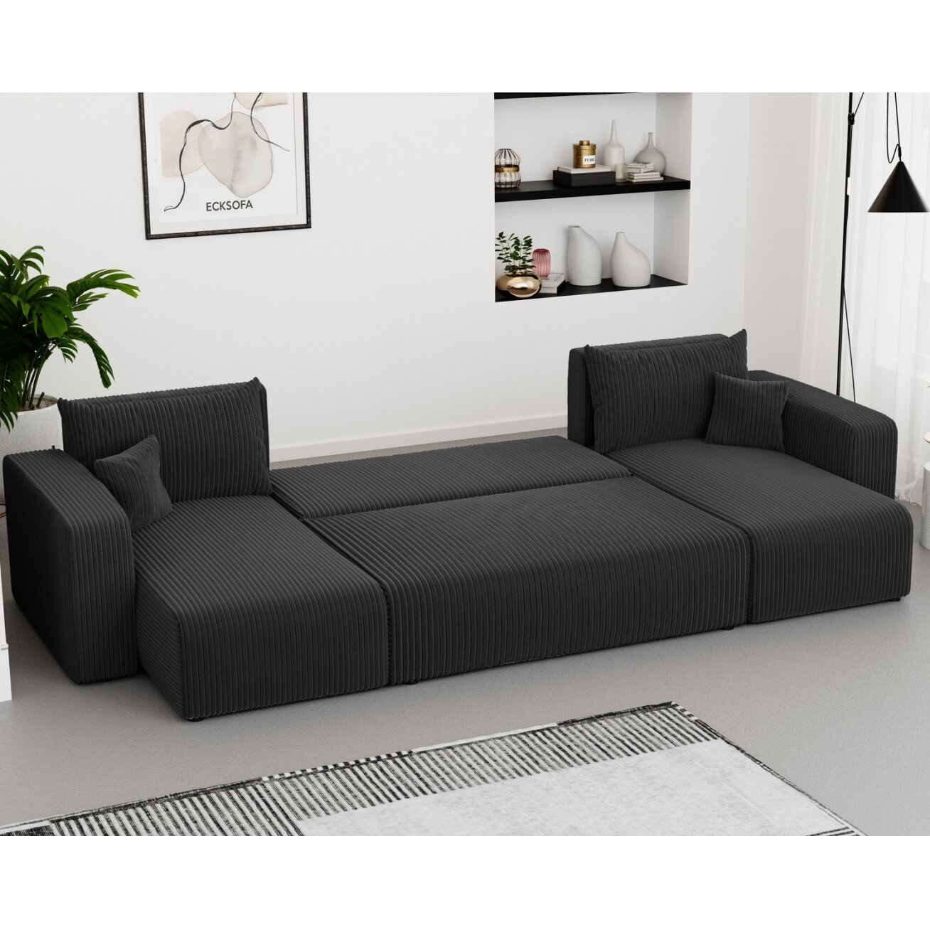 Minkštas kampinis sofas PIANO U su miego funkcija ir patalynės dėže Spalvos: Poso 135 (Antracitas) 2