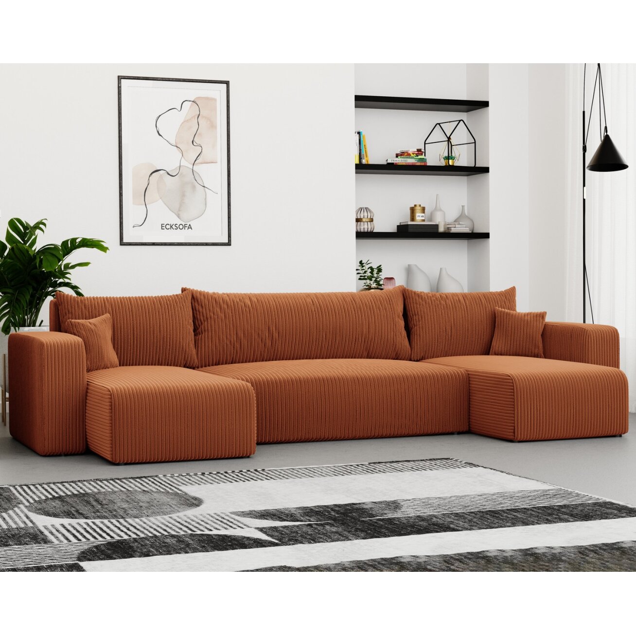 Minkštas kampinis sofa PIANO U su miego funkcija ir patalynės dėže Spalvos: Poso 40 (Oranžinė)