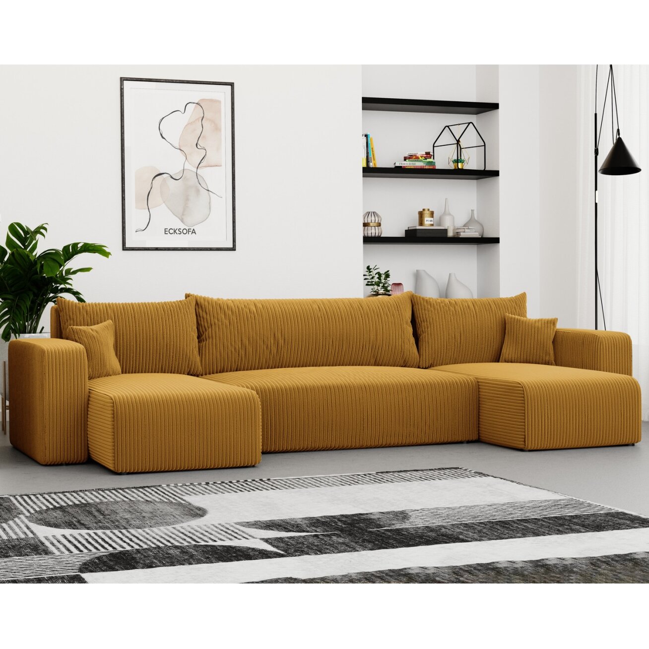 Minkštas kampinis sofa PIANO U su miego funkcija ir patalynės dėže Spalvos: Poso 01 (geltona)