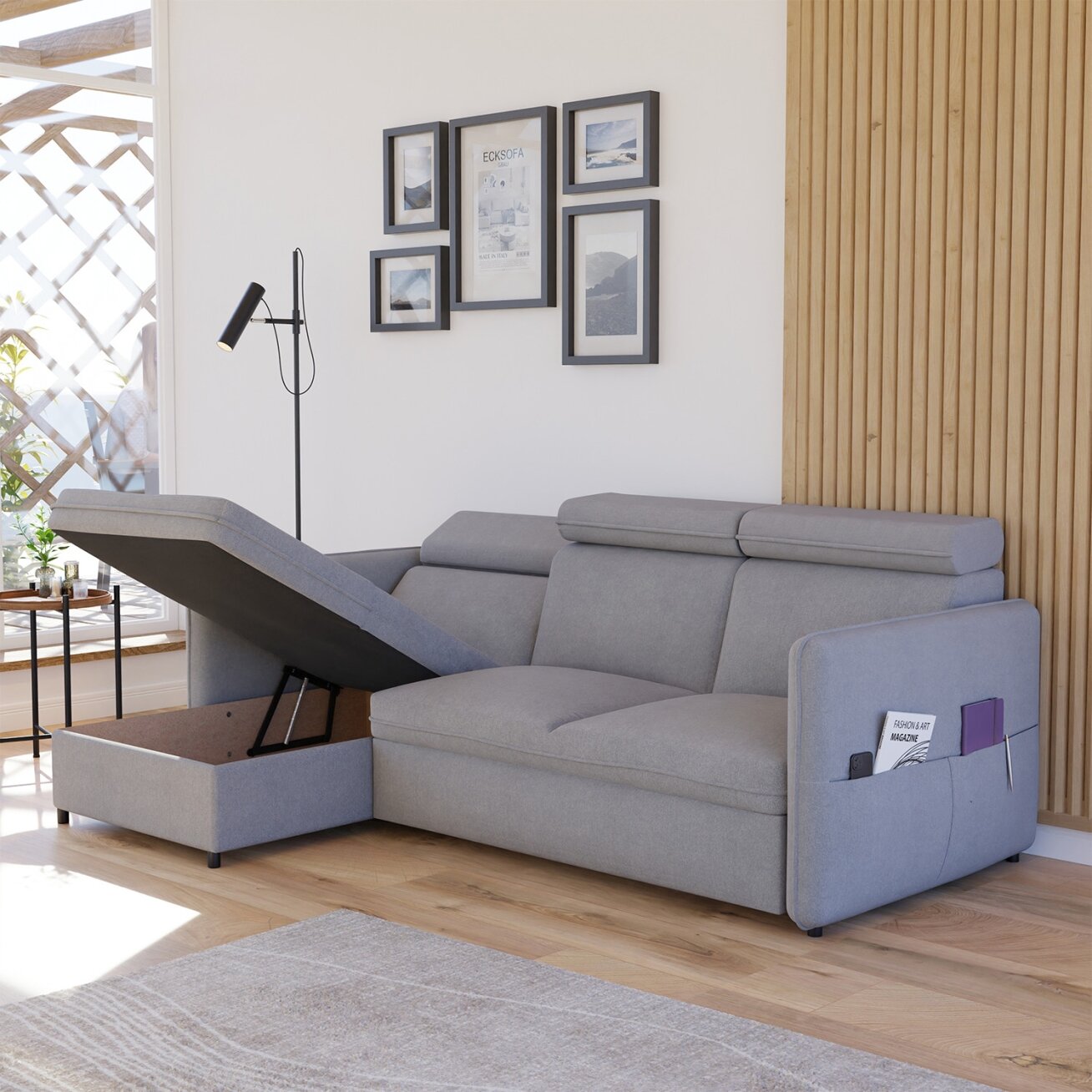 Minkštas kampinis sofa su reguliuojamu atlošu BENI Spalvos: Soro 90 (Pilka) 5 Minkštas kampinis sofa su reguliuojamu atlošu BENI Spalvos: Soro 90 (Pilka) 5