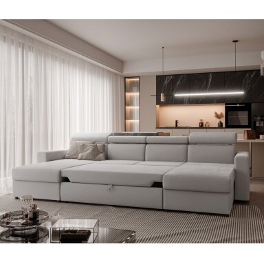 Minkštas kampinis sofa BENI U II su reguliuojamomis galvos atramomis ir miego funkcija Spalvos: Manila 15 (Šviesiai pilka)