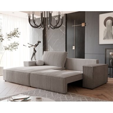 Minkštas kampinis sofa HUGO su miegamąja funkcija ir patalynės dėže Kampo pusė: Kairė, Spalvos: Poso 02 (Kapučino)