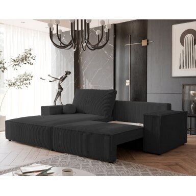 Minkštas kampinis sofa HUGO su miego funkcija ir patalynės dėže Spalva: Poso 135 (Antracitas), Kampo pusė: Kairė